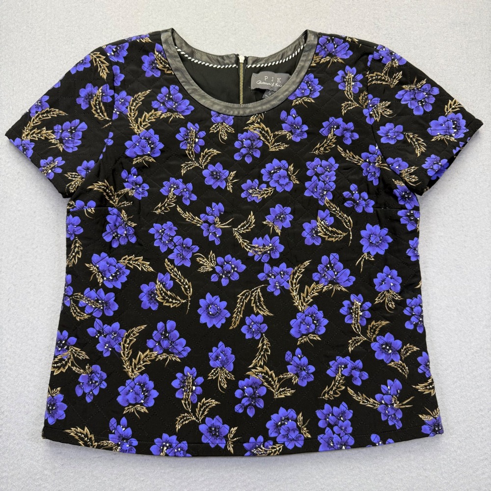PJK Patterson J. Kincaid Womens Silk Quilted Floral Top Leather Trim Black Small